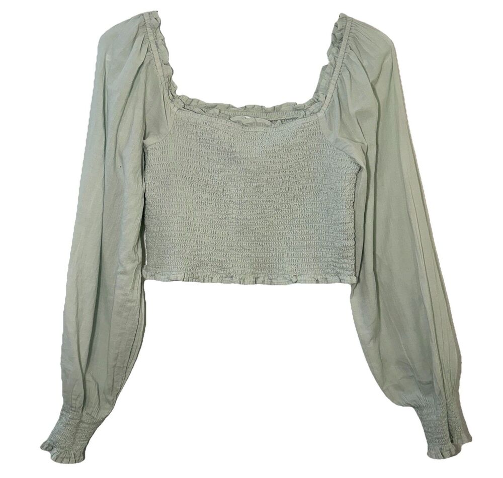 Aerie Smocked Crop Top Sage Green Puff Sleeve Square Neck Women’s M
